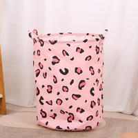D5352 Panier à linge pliable en tissu coton-lin imperméable pour la maison, sac cylindrique de rangement pour vêtements et jouets à imprimé léopard