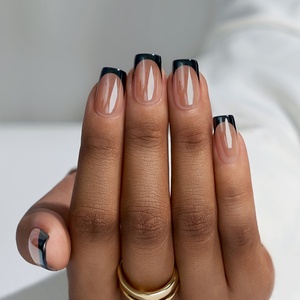 High Quality Short Square Artificial Fake False <b>Nails</b> Pressed on Soft Gel Black French Tip Glazed Press on Finger <b>Nails</b> <b>Sets</b> - Product Image 2