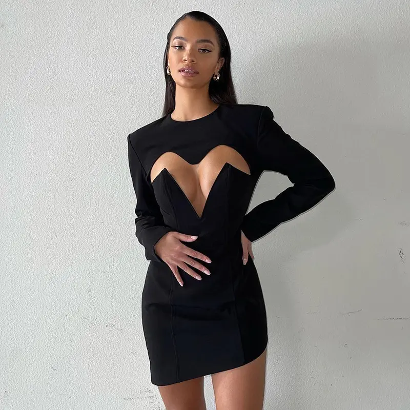 Hollow Out Black Elegant Casual Dresses For Women Sexy Solid Bodycon Dress 2021 Fall Women Clothing