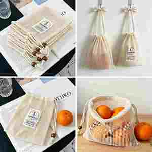 Bolsa de malla de algodón orgánico impresa a máquina, la más vendida, con doble cordón y borlas de cuentas de madera, cierre ajustable; 100% algodón - Product Image 2