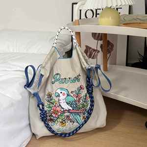 Summer Women Internal <b>Frame</b> Portable Nylon <b>Embroidery</b> Cartoon Pattern Fashion Large Capacity String Closure Shoulder Shopping - Product Image 4