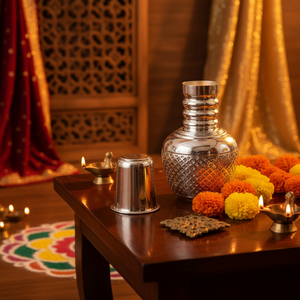 Kalash de Plata de Ley 925 con Cristal, Recipiente Tradicional Indio Hecho a Mano para Rituales de Templo en el Hogar y Uso Auspicioso - Product Image 1