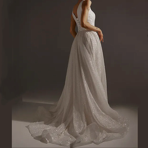 Abito da Sposa Moderno ed Elegante Senza Maniche per Donna, Alta Qualità, Piccola Coda, Paillettes Luccicanti, Linea A, Lunghezza Pavimento, Design con Lacci sulla Schiena - Product Image 4