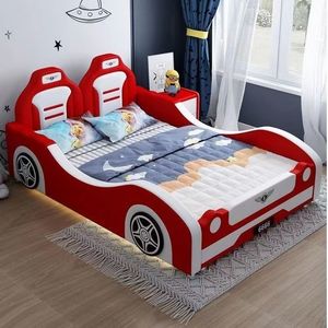 <span class=keywords><strong>Letto</strong></span> per Bambini Minimalista in Legno Massello a Forma di Auto da Corsa con Rivestimento in Pelle PU e Vano Portaoggetti, <span class=keywords><strong>Letto</strong></span> <span class=keywords><strong>Matrimoniale</strong></span> di Lusso per Ragazzi con Luci e Suoni - Product Image 1