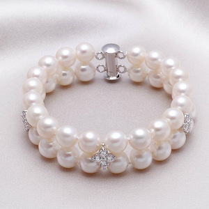 Bracelet double rang de perles d'eau douce non-cœur, série Blanc/Rose/Violet, 8-9 mm, presque parfait, avec boutons de manchette et pinces à cravate tendance - Product Image 1