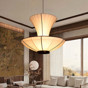 Lustre de salon de style Song, 80 cm, 100 cm, LED tricolore, lumière chaude, design chinois, lampe suspendue en tissu - Product Image 3