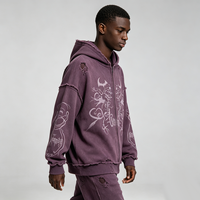 Sweat à capuche zippé violet foncé délavé et vieilli, avec motif Kornit DTG Moon Bat Branch, coupe oversize, style streetwear