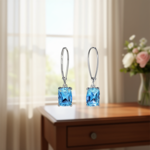 Orecchini Pendenti Bianchi E4357 con Taglio Smeraldo e Montatura a Griffe, in Lega Placcata Argento, Gioielli Classici da Donna, Idea Regalo - Product Image 2