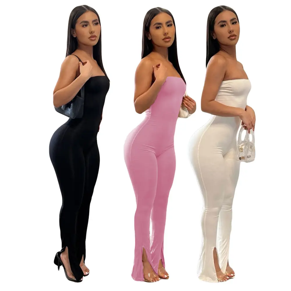 off the shoulder Tube Top Playsuits women's clothing summer 2023 Solid Split One Piece Jumpsuit for Ladies stretchy jumpsuits