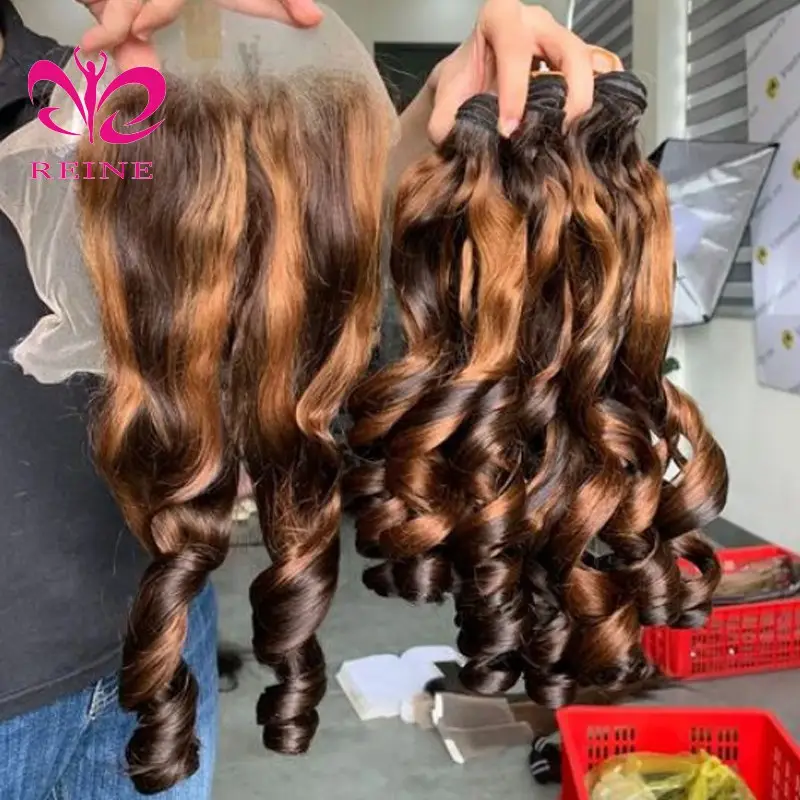 Spring Funmi Curly Hair Bundles Double Drawn Bouncy Curly 1/3 /4 Bundles Deal 100% Vietnam Hair Weave Bundles Highlight Color