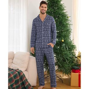 Pijamas de Hombre Estampados y Tejidos, Conjunto de 2 Piezas de Manga Larga, Ropa de Dormir Informal de Invierno con Bolsillos, Tela de Algodón Suave, Ropa de Estar por Casa para Hombre - Product Image 2