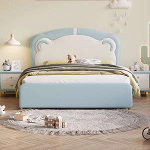 Cama Infantil de Diseño Moderno con Armazón de Madera Tapizada en Cuero, Tamaño King, con Diseño Minimalista de Osito y Princesa - Product Image 1