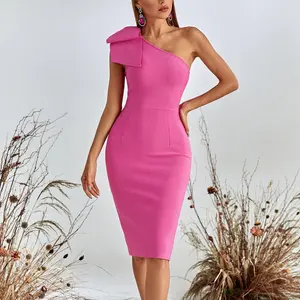 Formal Elegant Bandage Bodycon Midi One Shoulder Sleeveless Lady Elegant Knee Length Pink Cocktail Dresses Party Dresses Women
