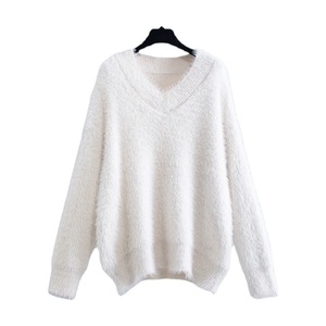 Dalang Sweater Factory Pull en maille ample à col en V pour femme, Automne Hiver, Couleur unie, Anti-boulochage, Jaune Rose Blanc - Product Image 5