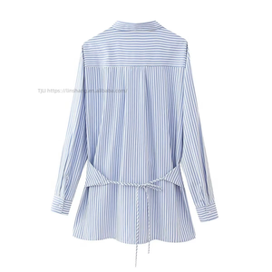 Women's Striped Front Shirt Collared Long Sleeve Tie-Back Casual Office Blouse <b>Top</b> Fashion - Product Image 5