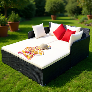 Outdoor Rattan <b>Daybed</b> With Upholstered Cushions For <b>Garden</b> Set 2 Seater Contemporary Design - Product Image 2