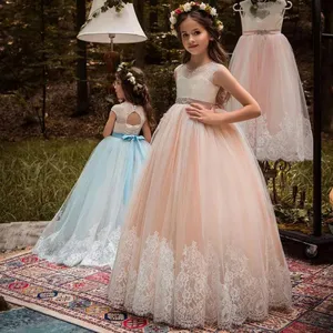 Las niñas de encaje de dama de honor de boda niños vestidos fiesta concurso princesa piso longitud tul vestido X-10596