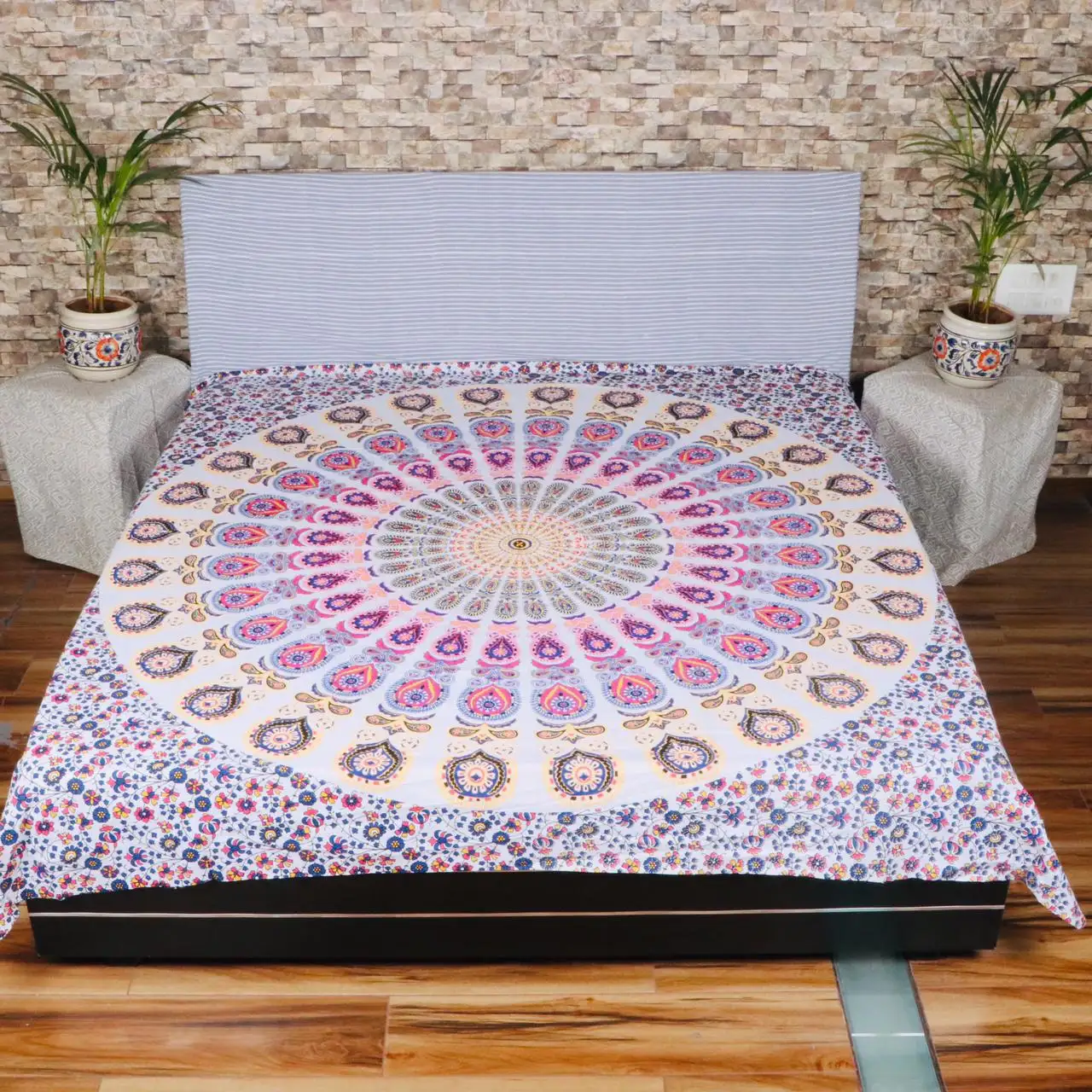 Seprai Bohemian Mandala India dengan dua sarung bantal, seprai kain katun seprai dipasang Hippie untuk kamar tidur dan hadiah
