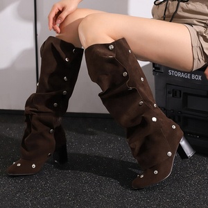 Metal Rivets Loose Pleated Upper Shoes Chunky Heels Square Toe Denim Long <b>Boots</b> Women's Big Size 48 Wide Fit Knee High Booties - Product Image 4