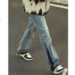 Jeans en denim bleu clair à coupe droite, respirant, imprimé, décontracté, élastique, sur mesure, en gros, pour hommes - Product Image 4