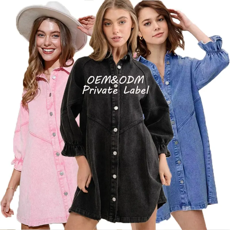 WINGTU Custom Ruffle 3/4 Long Sleeve Jean Tunic Top Babydoll Blouse Casual Button Down Denim Shirt Dresses For Women