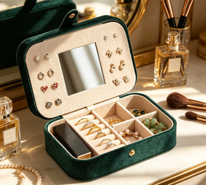 Boîte de rangement pour bijoux avec miroir et compartiments, mini organisateur de voyage en velours, anti-oxydation - Product Image 3
