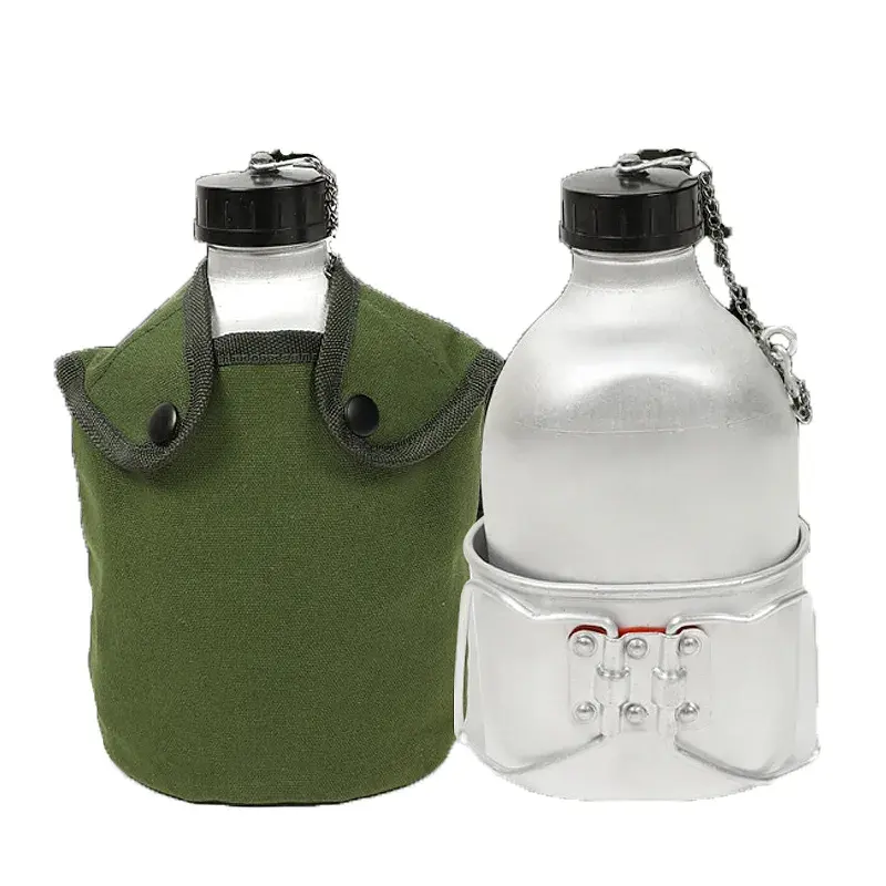 Outdoor Camping Portable Camo 1L Metal Kettle Aluminum Water Bottle with Cup Holder
