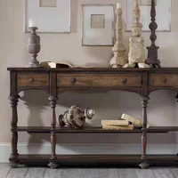 Console classique traditionnelle en bois massif, table d'entrée en noyer foncé antique avec tiroirs et étagères