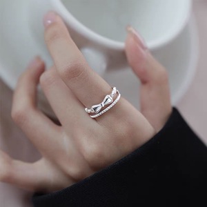S925 Sterling <b>Silver</b> Double Layer Bow <b>Ring</b> For Women <b>Adjustable</b> Opening Exquisite Delicate Sweet Dessert Style Jewelry - Product Image 2