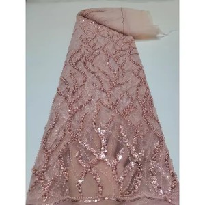 Ancho 125 cm oro brillante lentejuelas bordado cuentas malla nigeriana tela pesada tul encaje tela para vestido de novia - Product Image 5