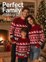 Ensemble de pulls de Noël en tricot style nordique pour la famille, motif rennes rouges festifs, pulls de Noël assortis, fabricant OEM personnalisé