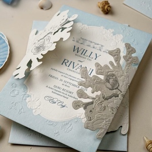 Cartes d'invitation de mariage de luxe sur le thème côtier, personnalisées avec gaufrage à sec et découpe en forme de récif corallien, pour mariages en destination sur la plage - Product Image 3