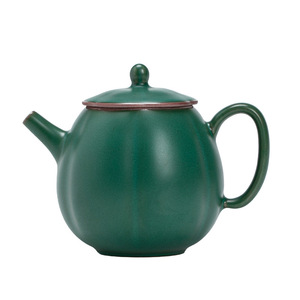 Théière en céramique rétro, glaçure vert foncé, avec filtre, ensemble à thé Gongfu, théière individuelle, forme ronde, poterie artisanale - Product Image 4