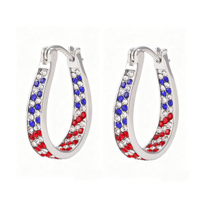 Orecchini a Cerchio Ovali Placcati Argento Americano con Zirconia Cubica Sfumata Rosso Bianco Blu, Gioielli per Uso Quotidiano e Feste - Product Image 1