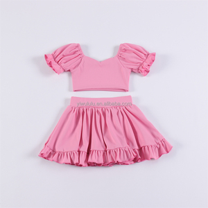 2025 conjuntos de Yoga para niñas pequeñas verano corto de nailon niños niñas deportes Puff manga Crop + Skort conjunto de 2 piezas - Product Image 4