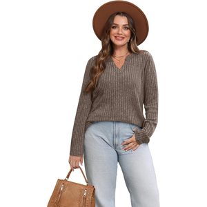 Pull col en V pour femme, manches longues, coupe ample, haut décontracté d'automne, tricot anti-boulochage - Product Image 2