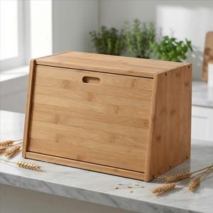 Caja de Pan de Bambú con Tapa Abatible, Color Natural, 23.5x38x19.5 cm, Apilable, Diseño Moderno, Almacenamiento de Pan - Product Image 1