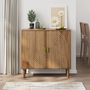 Modern Farmhouse Walnut Wood <b>Sideboard</b> Buffet Cabinet with Line Groove Design <b>Storage</b> for Living Room Dining - Product Image 1