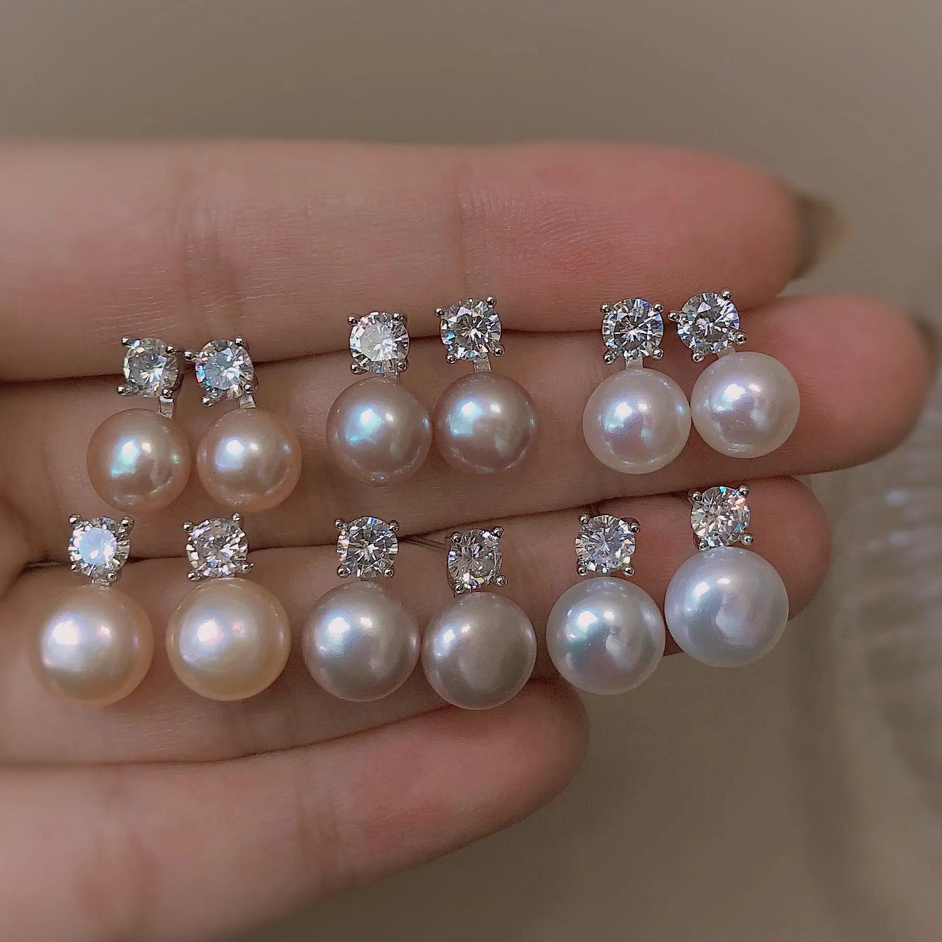 DQ10551E 925 Plata de Ley 8mm perla cultivada de agua dulce 5A CZ Stud pendientes para mujeres como los mejores regalos joyería