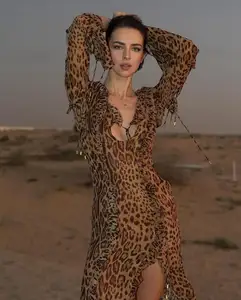 Stock Ties Front Animal Print Dress Cheetah Maxi Dress Slit Sides Women Summer Dress Outfits