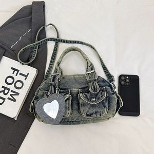 Sac en jean <span class=keywords><strong>pour</strong></span> femme Y2K vintage gris, sac à main et sac bandoulière rétro grande capacité avec miroir cœur - Product Image 2