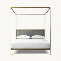 Lit en métal de style français moderne, taille Queen, avec baldaquin en fer inoxydable et panneau en tissu, pour hôtel/école