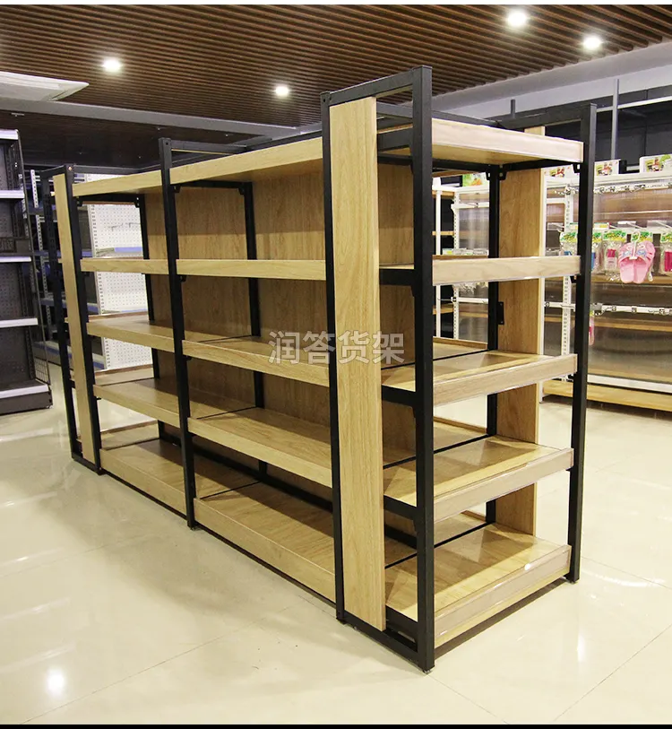 Estantes de madera y acero para supermercado, estantes de almacenamiento multifacéticos, se pueden personalizar, proveedor de fábrica