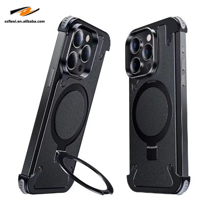 Shockproof PC Leather Cover Magnetic Bracket Case for iPhone 13 14 15 Pro Max Rugged Aluminium Alloy Metal Rimless Case