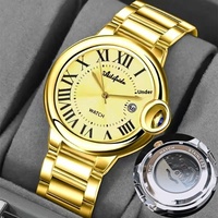 Montre à quartz en acier inoxydable pour homme, 43 mm, verre, étanche, calendrier, design ballon doré, charme, pointeur, alliage, bracelet de 20 mm