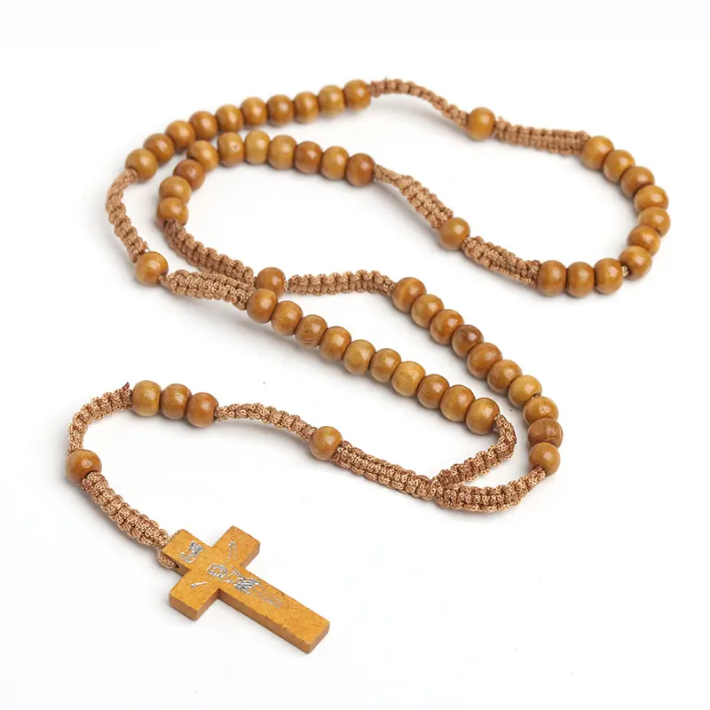 Gelang manik-manik kayu alami mode buatan tangan gelang liontin salib agama perhiasan gelang manik-manik liontin salib Muslim