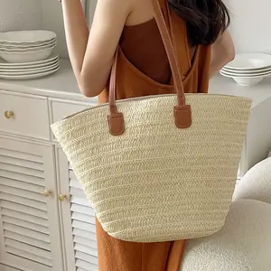 Shandong Straw Bags With Leather Handles Single Shoulder Type Beach Summer Bag For Women Ladies Custom Logo Bags