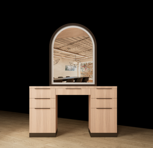 <strong>Double</strong> <strong>Sided</strong> Wood Barber Station Oval Led <strong>Mirror</strong> With Storage Modern Barber <strong>Salon</strong> Hair <strong>Salon</strong> Furniture Luxury Barbershop Design - Product Image 1
