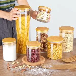 Groothandel Thuis Keuken Luchtdichte Voedselopslag Container Met Bamboe Deksel Ronde Doorzichtige Borosilicaat Glazen Pot Pantry Organizer