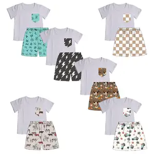 Custom Wholesale Kids Summer Clothes Sets Western Print Girls Boys T Shirt Shorts 2 Pieces Boys Clothing Sets